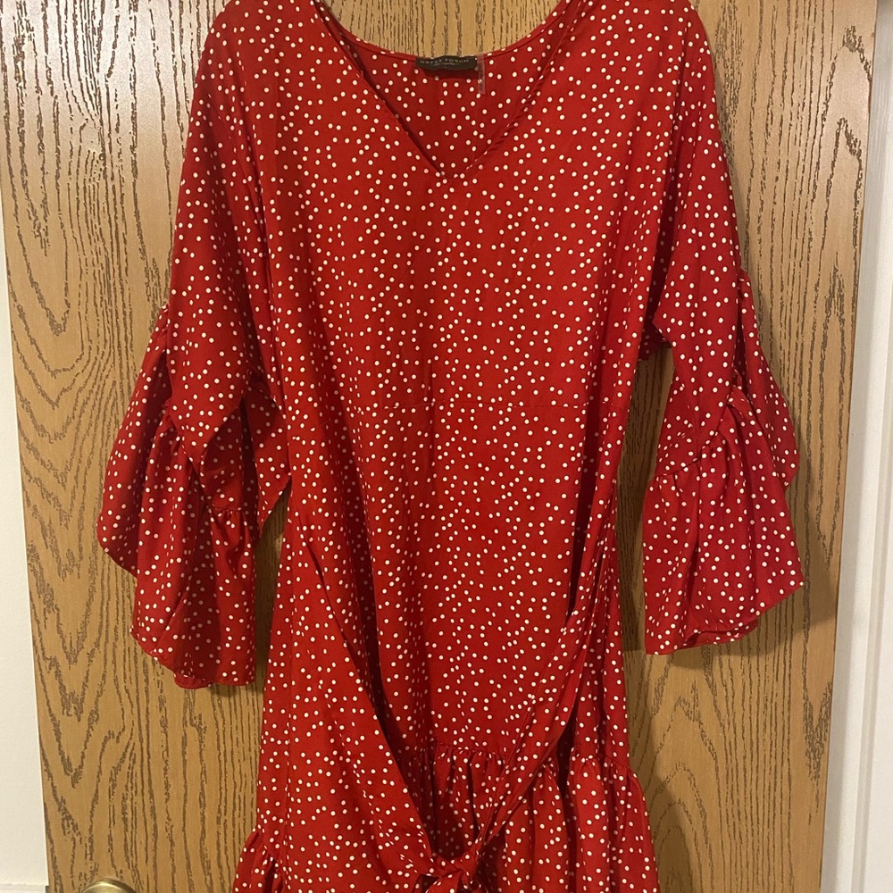Red and White Polka Dot Dress - V neck